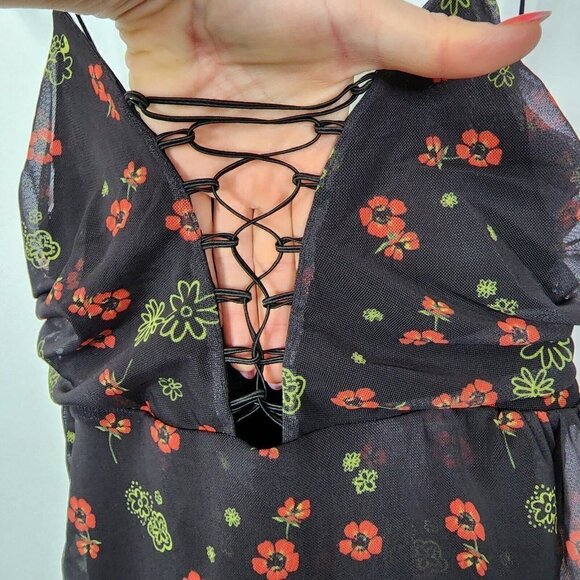 Urban Outfitters NWOT Bright Side Lace‎ Up Mini Dress Black Multi Floral Print S - Picture 9 of 16